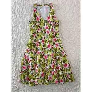Talbots Floral Fit and Flare Dress Green Pink Womens 14 Sleeveless Rose Print